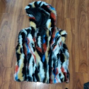 Multicolored fuzzy vest with hood